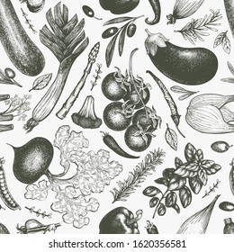 Vegetables hand drawn vector seamless pattern. Vintage engraved style illustrations. Can be use for menu, label, packaging, flyer, farm market products.