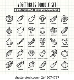 Vegetais desenhados à mão doodle arte ilustrações e elementos. estilo de marcador de caneta de ponta de feltro no papel de grade, ótimo para vários usos de design criativo.