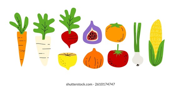 Vegetables in Hand-drawn style set, Drawing of food elements for design menu label packaging icons etc. vector illustration