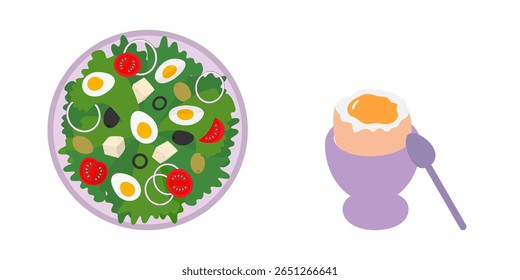 Vegetais e salada de ovos cozidos duramente na placa e ovo macio em tigela de ovo Alimentos saudáveis Design de elementos