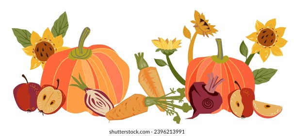 Vegetables harvest for farm and homegrown vegetables, concept, flat vector illustration. Harvest of fresh vegetables for farmers markets, organic farms, and gardeners community events.