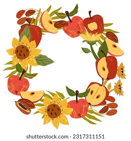 Vegetables harvest frame or wreath with apples, sunflowers and dates, flat vector illustration isolated on white background. Autumn and summer frame design.