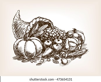 Vegetables harvest sketch style vector illustration. Thanksgiving Day still life. Old engraving imitation.