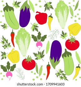 
Vegetables for health. Colorful tomatoes, greens, peppers, eggplant, zucchini, peas, Chinese salad, radish. Appetizing vector illustration.
