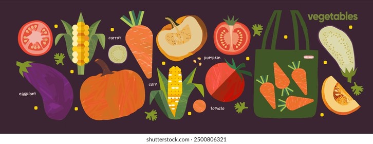 Gemüse, gesundes Essen, Vegetarismus. Vektormoderne abstrakte einzelne Illustration von Tomate, Scheiben und Hälfte, Mais, Karotte, Kürbis und Aubergine für Design