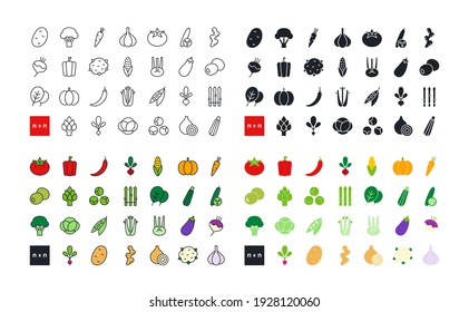 Verduras. Alimentos y vitaminas saludables. Conjunto de iconos de color plano lineal vectorial. Silueta negra aislada. Rellenar icono sólido. Contorno, forma, contorno. Ligera. Diseño moderno