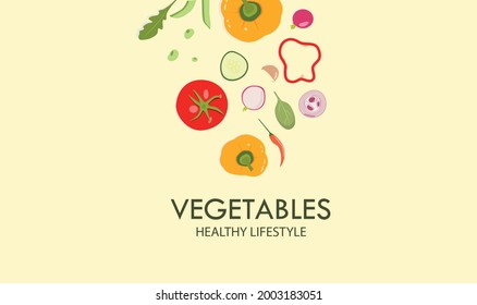  Vegetables. Healthy Lifestyle. Food concept. Tomatoes, onion, cucumber, green peas, garlic, chilly pepper, yellow pepper and radish