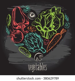 Vegetables in a heart shape. Vector hand-drawn illustration on blackboard.