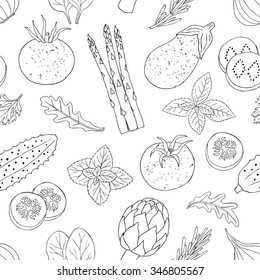 Vegetables and herb seamless pattern. Surface hand drawn rustic decoration with tomato, asparagus, spice, artichoke, eggplant, onion .Vector illustration. Cloth design, wallpaper, wrapping.