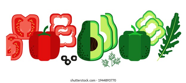 Verduras y hierbas. Aguacate, pimienta, tomate, aceitunas, eneldo. Comida saludable, productos ecológicos. Delicioso bocadillo vegetariano. Ilustración vectorial. Nutrición adecuada.
