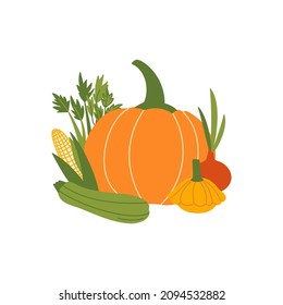 Vegetables and herbs composition on a white background. Vector flat illustration with pumpkin, corn, zucchini, onion