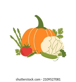 Gemüse und Kräuter auf weißem Hintergrund. Vektorgrafik mit Kürbis, Kohl, Tomate, Erbsen, Gurken, Spargel, Broccoli