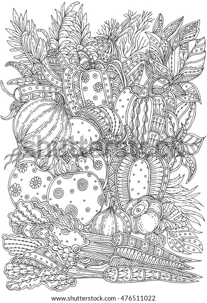 野菜とハーブ 白黒の手描きのパターン 大人の塗り絵帳 織物 タトゥーのデザイン ベクター画像の背景イラスト ゼンドール のベクター画像素材 ロイヤリティフリー