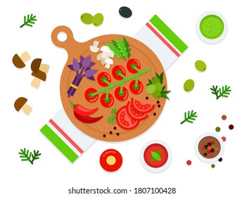 Vegetables and herbs on a cutting board top view vector illustration in a flat design.