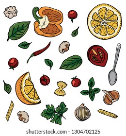 Vegetables, herbs, spices for italian pasta hand drawing in doodle style on white background. Doodle drawing vegetable and food ingredients. Italian cuisine. Cooking food, healthy diet and nutrition