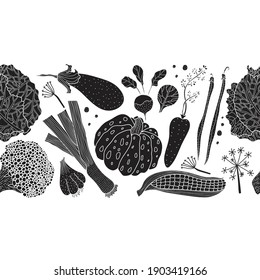 Vegetables. Horizontal seamless border. Decorative illustration.