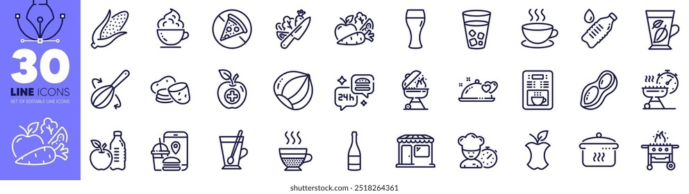 Vegetables, Ice tea and Market line icons pack. Potato, Tea mug, Food app web icon. Coffee maker, Corn, Beer glass pictogram. Coffee cup, Cooking whisk, Organic waste. Cappuccino, Grill. Vector