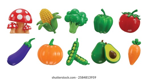 Vegetables icon 3d render premium food for mushroom, Pumpkin, Corn, Broccoli, Capsicum, Tomato, Eggplant, Peas, Avocado, carrot vegetable icon vector illustration