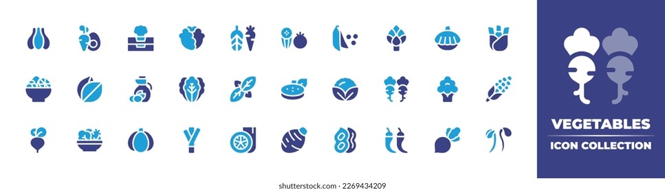 Vegetables icon collection. Duotone color. Vector illustration. Containing garlic, healthy food, vegetable box, cabbage, vegetables, green peas, artichoke, squash, fennel, fruit salad, vegan.