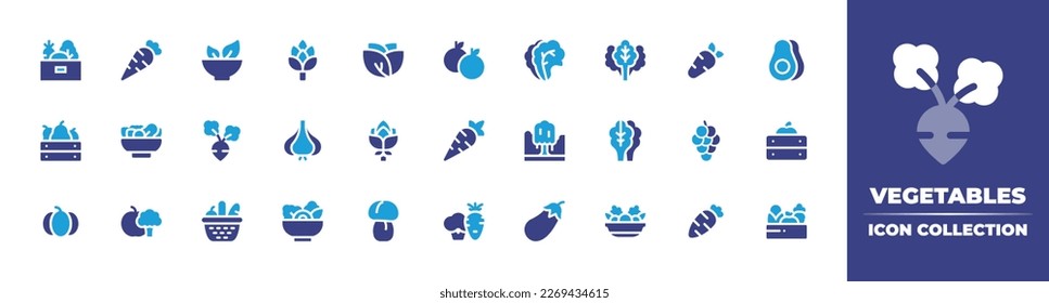 Vegetables icon collection. Duotone color. Vector illustration. Containing vegetables, carrot, salad, artichoke, lettuce, oranges, avocado, fruit, turnip, garlic, vegetation, grapes, pumpkin.