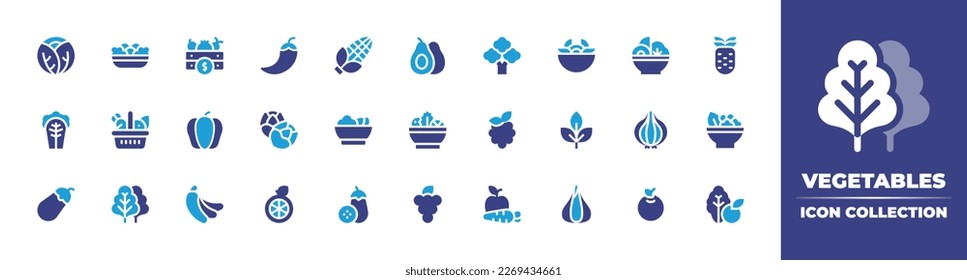 Vegetables icon collection. Duotone color. Vector illustration. Containing vegetable, vegetables, chili, corn, avocado, broccoli, salad, pineapple, cabbage, basket, paprika, brussel sprouts.