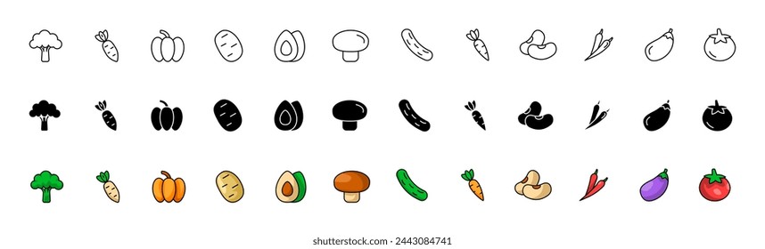 Vegetables icon collection. Linear, silhouette and flat style. Vector icons
