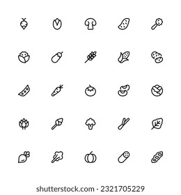  Vegetables Icon Collection. Pixel Perfect Vegetables Outline Style 2D Icon
