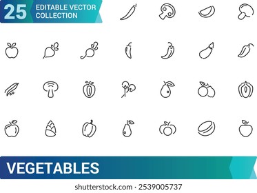 Coleção de ícones de legumes. Relacionado a cenoura, tomate, batata, brócolis, espinafre, salada, alimentos saudáveis, nutrição e muito mais. Traçado editável. Ilustração vetorial.