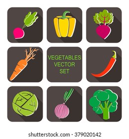 vegetables icon flat set with onion,carrot, broccoli, radish,cabbage, beet and pepper