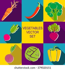 vegetables icon flat set with onion,carrot, broccoli, radish,cabbage, beet and peppers