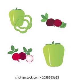 Vegetables icon set with 4 about slices, bell pepper, red, beet, radish and capsicum