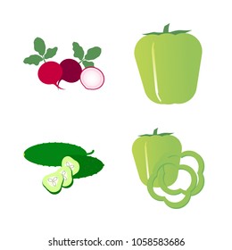 Vegetables icon set with 4 about bell pepper, slices, slice, radish, capsicum and cucumber
