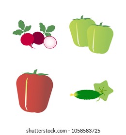 Vegetables icon set with 4 about capsicum, cucumber, pepper, two, radish and red