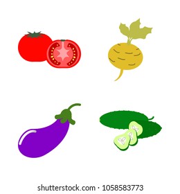Vegetables icon set with 4 about aubergine, tomato, slice, slices, root and cucumber