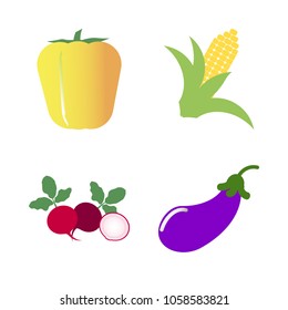 Vegetables icon set with 4 about capsicum, radish, yellow, eggplant, bell pepper and corn