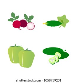 Vegetables icon set with 4 about slices, cucumber, capsicum, bell pepper, two and radish