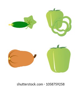 Vegetables icon set with 4 about bell pepper, slices, capsicum, pumpkin, cucumber and muslim