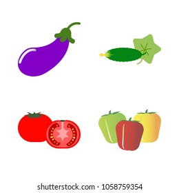 Vegetables icon set with 4 about bell peppers, capsicum, cucumber, red, eggplant and tomato