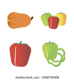 Vegetables icon set with 4 about capsicum, yellow, bell pepper, muslim, slices and red