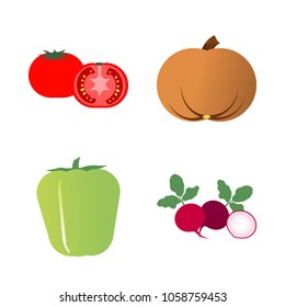 Vegetables icon set with 4 about radish, pumpkin, gourd, bell pepper, capsicum and tomato