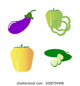 Vegetables icon set with 4 about yellow, capsicum, eggplant, slices, cucumber and bell pepper