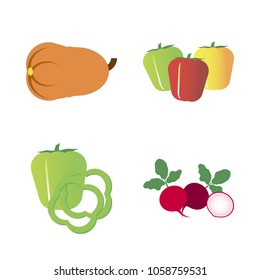 Vegetables icon set with 4 about pumpkin, bell peppers, capsicum, gourd, red and green