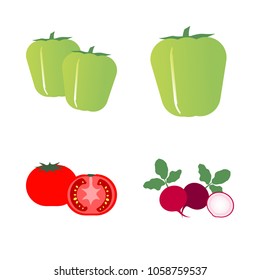 Vegetables icon set with 4 about pepper, two, capsicum, radish, tomato and bell pepper