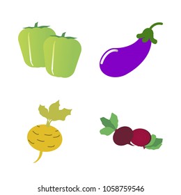 Vegetables icon set with 4 about eggplant, pepper, beet, yellow, red and aubergine