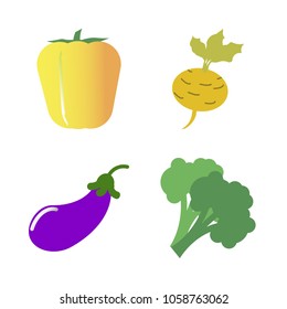 Vegetables icon set with 4 about turnip, broccoli, root, eggplant, green and capsicum