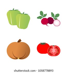 Vegetables icon set with 4 about gourd, capsicum, bell pepper, tomato, radish and pumpkin