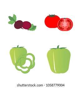 Vegetables icon set with 4 about tomato, bell pepper, slices, capsicum, red and beet
