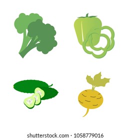Vegetables icon set with 4 about green, capsicum, cucumber, yellow, root and broccoli