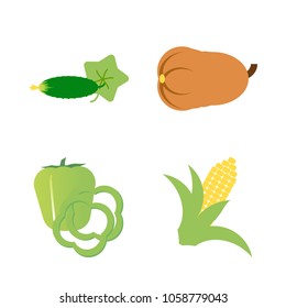 Vegetables icon set with 4 about corn, gourd, cucumber, capsicum, long and muslim