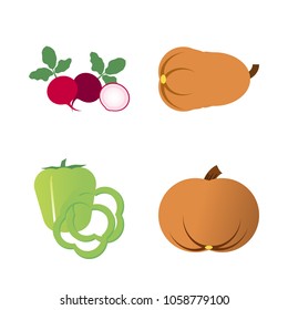 Vegetables icon set with 4 about muslim, bell pepper, gourd, slices, radish and long